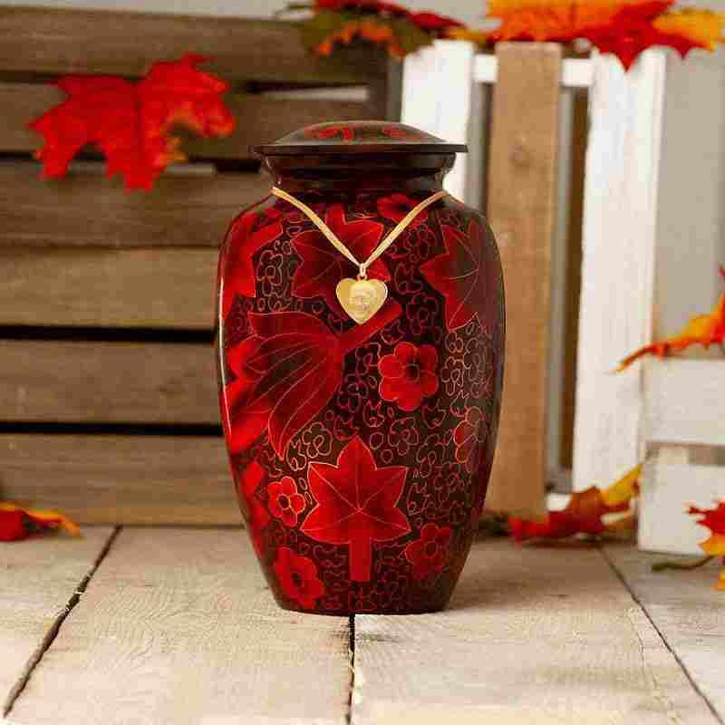Red cremation urn.