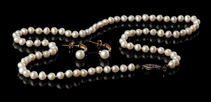 Pearl Necklace and Earrings.
